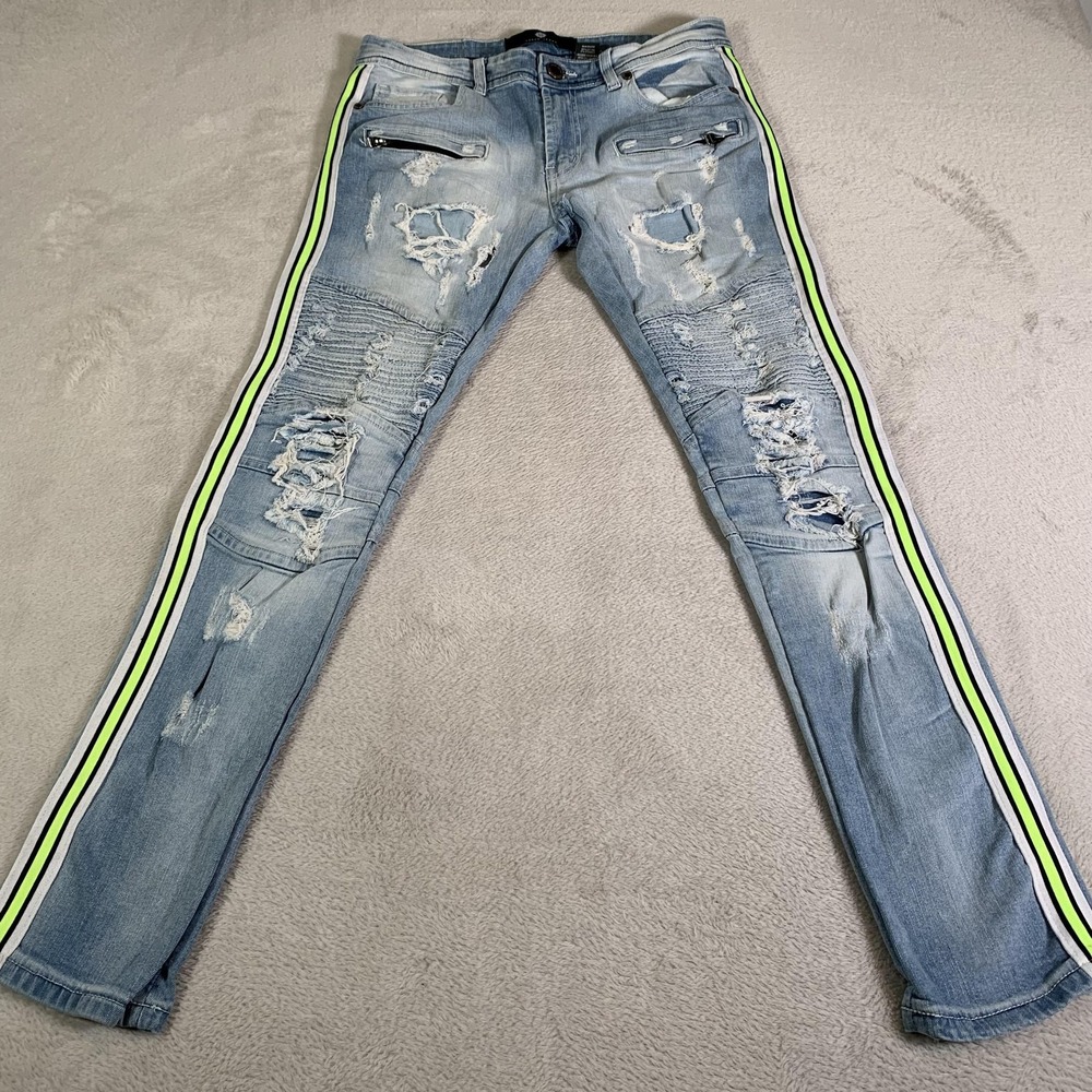 Focus Jeans Jeans Mens 32x32 Light Wash Blue Slim Skinny Moto Biker Distressed